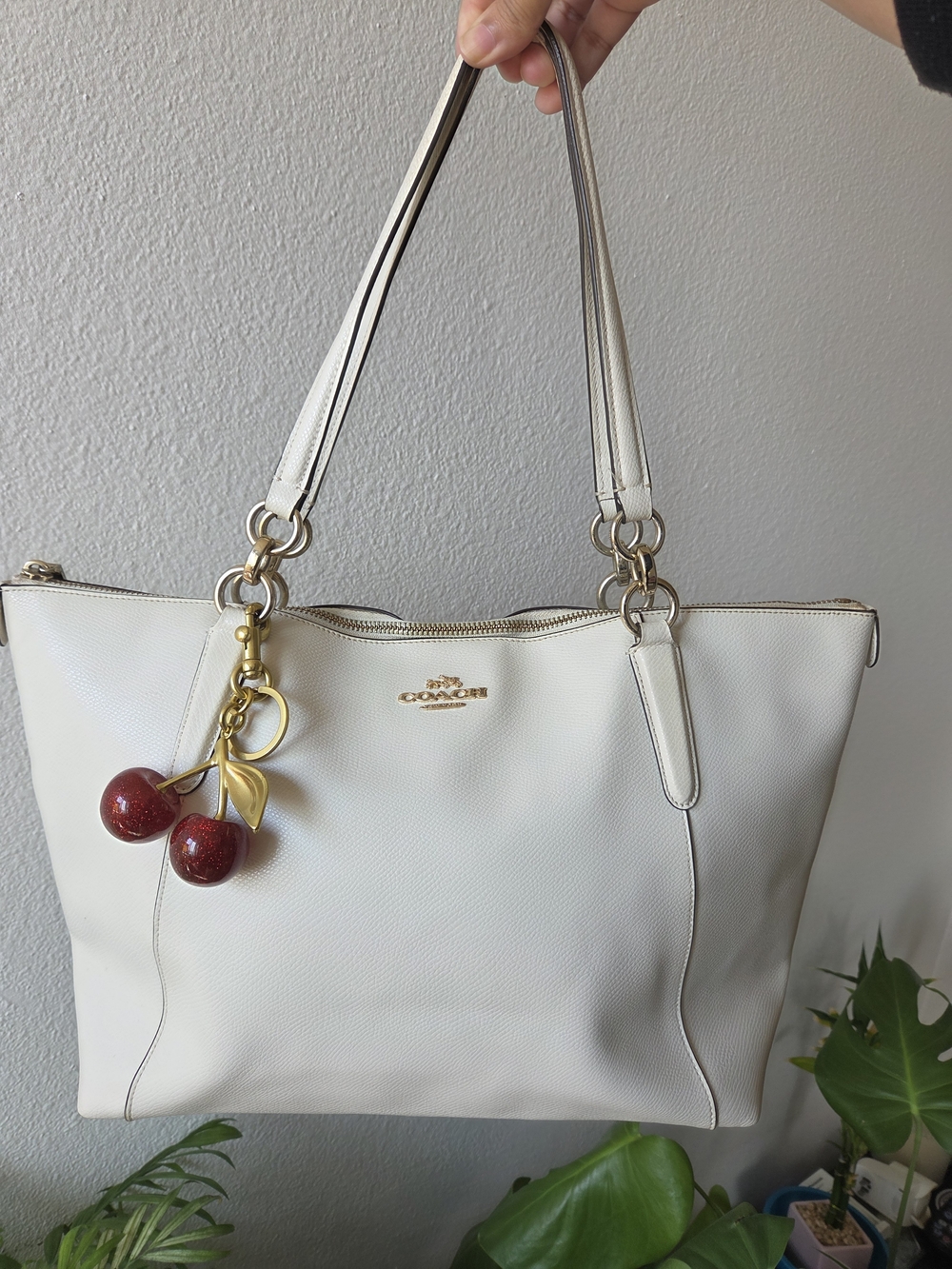 Coach White Leather Tote with Cherry Charm
